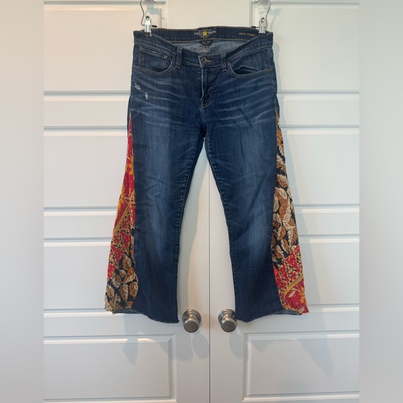 Y2K Lucky Brand Sienna Tomboy Upcycled Boho Quilted Flare Cropped Jeans Size 29 - Picture 1 of 14